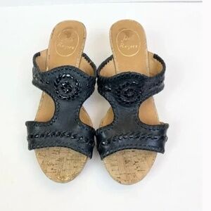 Jack Rogers Shoes size 7M Emilia Black Leather Cork Wedge Sandal Sz 7